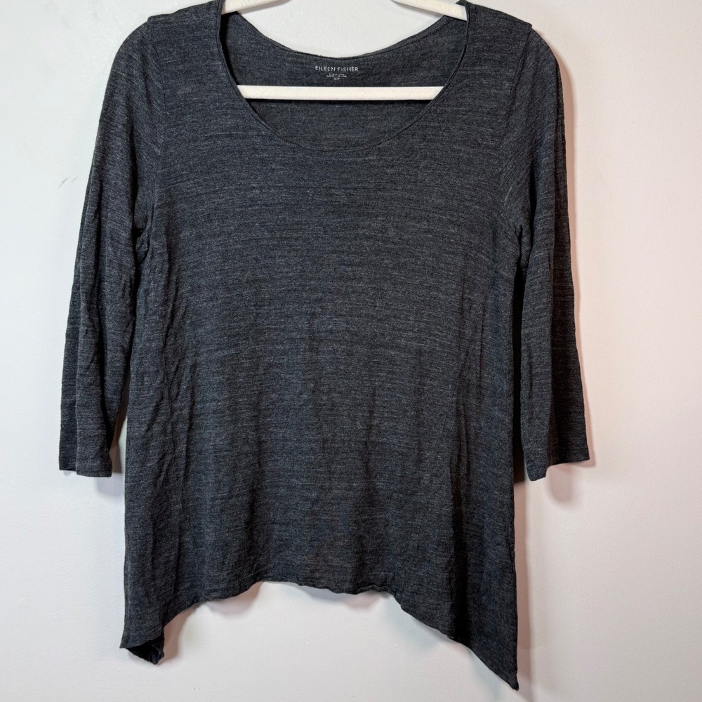 Eileen Fisher‎ Tunic Top Womens Small Gray 3/4 Sleeve Sharkbite Hem Layering